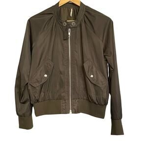 Free People Midnight Bomber Jacket Size S Pockets‎ Full Zip Green Ribbed Trim